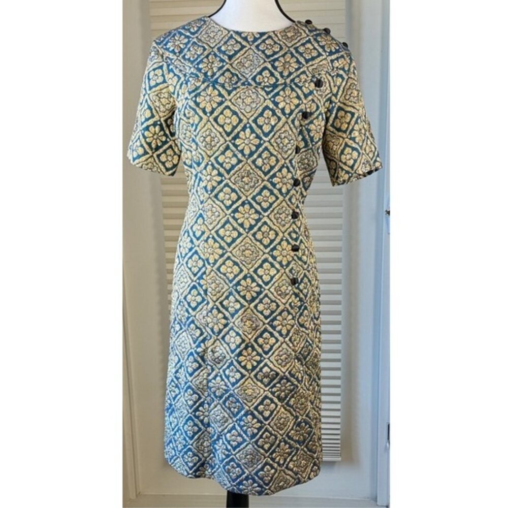 Vintage 1960s Slim-Mode Evelyn Erdell Mod Brocade Shift Dress Blue Gold ILGWU